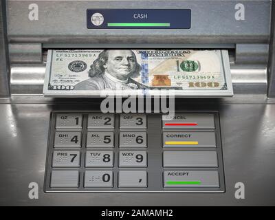 Wthdrawing dmonet from ATM machine. Dollar banknotes in cashpoint. 3d illustration Stock Photo