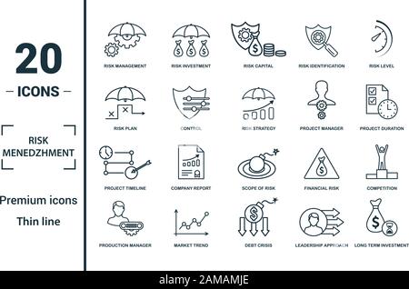 Risk Management icon set. Include creative elements risk management, risk capital, risk plan, project manager, project timeline icons. Can be used for Stock Vector