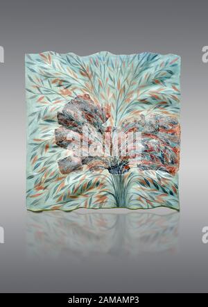 Minoan floral wall art fresco from Knossos Palace, 1600-1300 BC. Heraklion Archaeological Museum.  Grey Background. Stock Photo