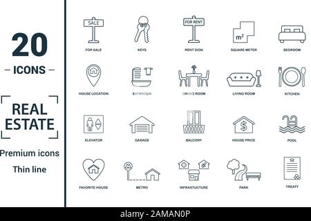 Real Estate icon set. Include creative elements for sale, rent sign, house location, living room, elevator icons. Can be used for report, presentation Stock Vector
