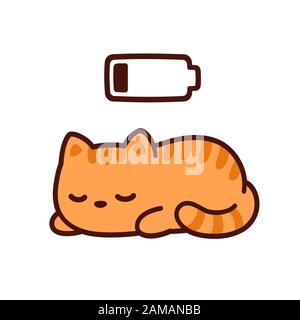 Cute cartoon kitten taking power nap with charging battery. Kawaii