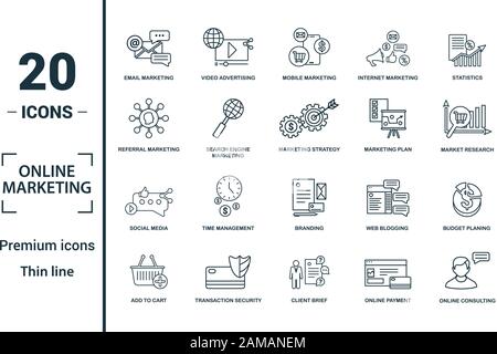 Online Marketing icon set. Include creative elements email marketing, mobile marketing, referral, marketing plan, social icons. Can be used for report Stock Vector