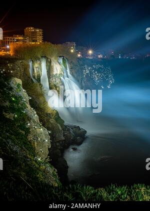 Long exposure in Antalya Duden waterfall at night Stock Photo