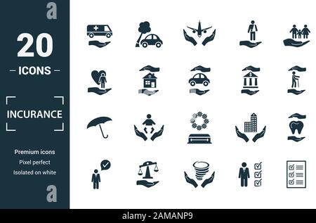 Insurance icon set. Include creative elements medical insurance, travel insurance, life insurance, finance insurance, protection icons. Can be used Stock Vector