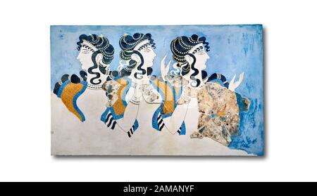Minoan wall art fresco of 'Ladies in Blue' from Knossos Palace 1600-1450 BC. Heraklion Archaeological Museum.  White Background.   The 'Ladies in Blue Stock Photo