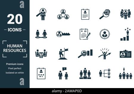 Human Resources icon set. Include creative elements searching, resume, relationship, head hunting, interview icons. Can be used for report Stock Vector
