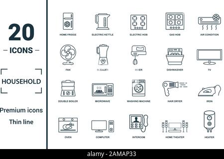 Household icon set. Include creative elements home fridge, electric hob, fan, dishwasher, double boiler icons. Can be used for report, presentation Stock Vector