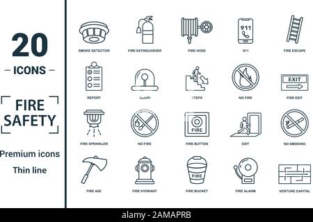 Fire Safety icon set. Include creative elements smoke detector, fire hose, report, no fire, fire sprinkler icons. Can be used for report, presentation Stock Vector