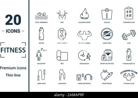 Fitness icon set. Include creative elements pool swimming, calories burn, water, junk food, recovery icons. Can be used for report, presentation Stock Vector