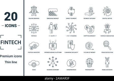 Fintech icon set. Include creative elements online banking, direct payment, fintech, cryptocurrency, fintech industry icons. Can be used for report Stock Vector