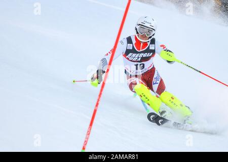 Zagreb, Croatia - January 5, 2020 : Albert Popov from Bulgaria competing during the Audi FIS Alpine Ski World Cup 2019/2020, 3rd Mens Slalom, Snow Que Stock Photo