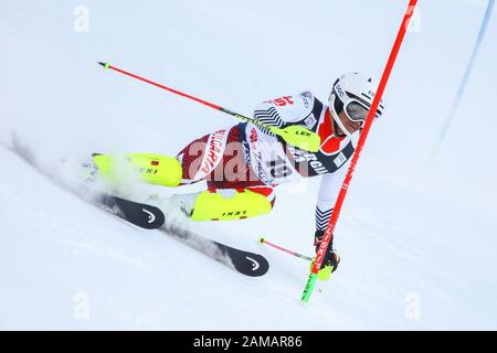 Zagreb, Croatia - January 5, 2020 : Albert Popov from Bulgaria competing during the Audi FIS Alpine Ski World Cup 2019/2020, 3rd Mens Slalom, Snow Que Stock Photo