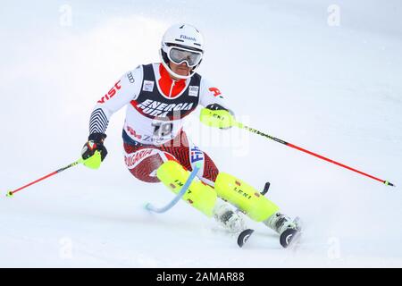 Zagreb, Croatia - January 5, 2020 : Albert Popov from Bulgaria competing during the Audi FIS Alpine Ski World Cup 2019/2020, 3rd Mens Slalom, Snow Que Stock Photo