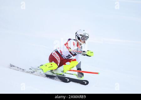 Zagreb, Croatia - January 5, 2020 : Albert Popov from Bulgaria competing during the Audi FIS Alpine Ski World Cup 2019/2020, 3rd Mens Slalom, Snow Que Stock Photo