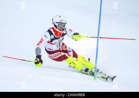 Zagreb, Croatia - January 5, 2020 : Albert Popov from Bulgaria competing during the Audi FIS Alpine Ski World Cup 2019/2020, 3rd Mens Slalom, Snow Que Stock Photo