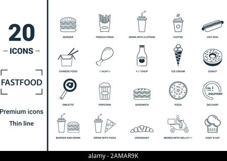 Fastfood icon set. Include creative elements burger, drink with a straw, donuts, chicken leg, delivery icons. Can be used for report, presentation Stock Vector