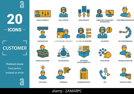 Customer Service icon set. Include creative elements agent console, case priority, satisfaction, helpdesk, knowledge base icons. Can be used for Stock Vector