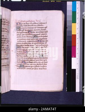 Prayer for dead 1-line blue and gold initials with red and blue penwork, rubric  Listed in De Ricci, Seymour, Census of Medieval and Renaissance Manuscripts in the United States and Canada. New York. N.Y.: H.W. Wilson, 1935; and Supplement, New York, N.Y.: Bibliographical Society of America, 1962. Ownership : 19th century bookplate of the comtesse Des Courtils; old woodcut, with La Marck and Cleves arms.  Bequeathed by Anne D. Thomson, 1924. De Ricci, 1333.  Chart by Dr. G.B. Guest. 23 long lines, ruled in red, prickings visible, particularly at the end of the manuscript. Parchment 3 full-page Stock Photo