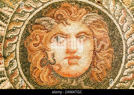 Egypt, Alexandria, National Museum, detail of a mosaic representing a Medusa mask, 2nd century AD, found during excavations of the Diana theater. Stock Photo