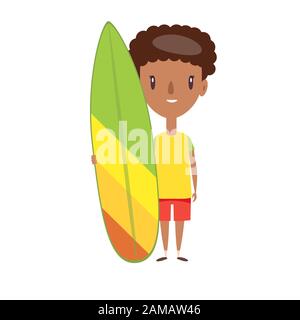 Young man in shorts and t-shirt standing, holding modern colorful surfboard on white background. Stock Vector