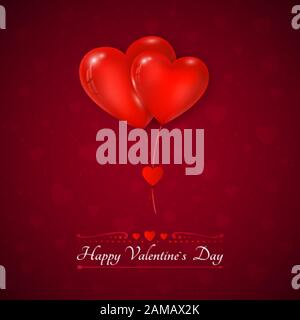 Valentines day greeting card. Couple air balloons red color heart shape. Be my valentine. Illustration on dark red background. vector Stock Vector