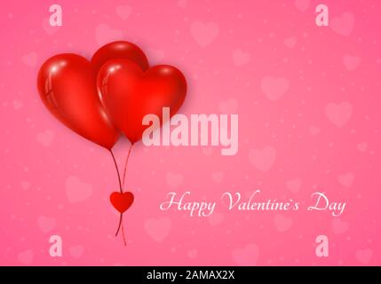 Couple of red hearts balloon with message. Valentines day greeting card on pink background. Vector illustration Stock Vector