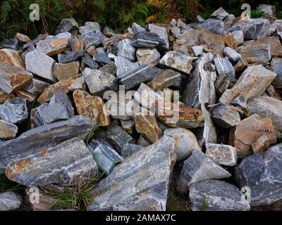 A pile of quarried stone beside the footpath in Glen Affric. 27/09/19 Stock Photo