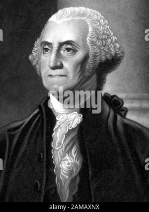 Vintage portrait of George Washington (1732 - 1799) – Commander of the Continental Army in the American Revolutionary War / War of Independence (1775 – 1783) and the first US President (1789 - 1797). Detail from a print circa 1844 by John Neale, from an engraving by Henry S Sadd based on a painting by artist Gilbert Stuart (1755 – 1828). Stock Photo