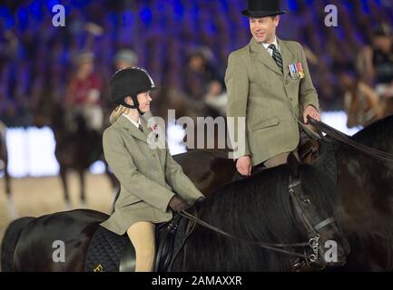 Pageant in celebration of Her Majesty the Queen’s 90th Birthday, Royal Windsor Horse Show, Windsor, Berkshire, UK. 15th May, 2016. Prince Edward, Earl of Wessex and his daughter Lady Louise Windsor take part in the Pageant riding horses past the Royal Box. Credit: Maureen McLean/Alamy Stock Photo