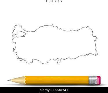 Turkey sketch outline map isolated on white background. Empty hand drawn vector map of Turkey. Realistic 3D pencil with soft shadow. Stock Vector