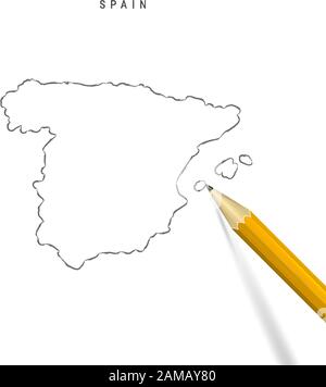 Spain sketch outline map isolated on white background. Empty hand drawn vector map of Spain. Realistic 3D pencil with soft shadow. Stock Vector