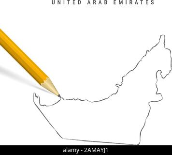 United Arab Emirates sketch outline map isolated on white background. Empty hand drawn vector map of UAE. Realistic 3D pencil with soft shadow. Stock Vector