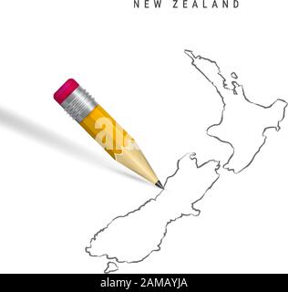 New Zealand sketch outline map isolated on white background. Empty hand drawn vector map of New Zealand. Realistic 3D pencil with soft shadow. Stock Vector