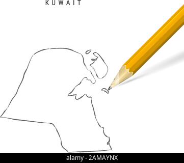 Kuwait sketch outline map isolated on white background. Empty hand drawn vector map of Kuwait. Realistic 3D pencil with soft shadow. Stock Vector