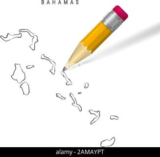 The Bahamas islands sketch outline map isolated on white background. Empty hand drawn vector map of the Bahamas. Realistic 3D pencil with soft shadow. Stock Vector