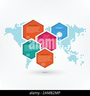 The colored hexagons on the background of abstract world map Stock Vector