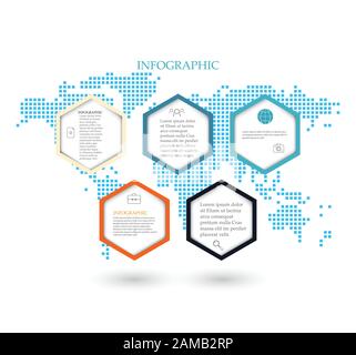 Business template infographics.The five hexagons on the background map of the world. Stock Vector