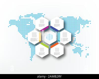 Seven white hexagons on the background of abstract world map Business infographics Stock Vector
