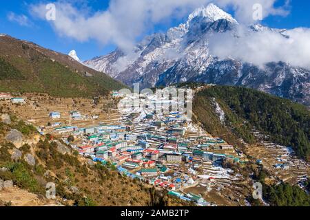 Namche Bazaar village in the Khumbu region of the Nepal Himalaya is the starting point for treks in the Everest region Stock Photo