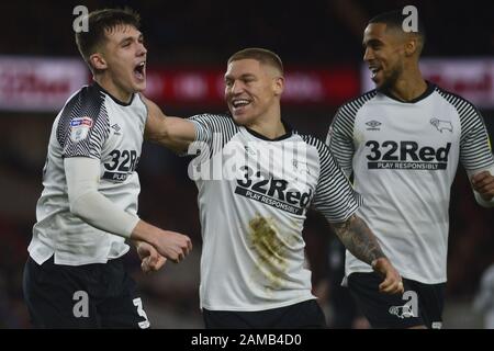 MIDDLESBROUGH, ENGLAND - JANUARY 11TH Derby's Jason Knight (left) celebrates his goal during the Sky Bet Championship match between Middlesbrough and Derby County at the Riverside Stadium, Middlesbrough on Saturday 11th January 2020. (Credit: Tom Collins | MI News) Stock Photo