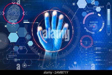 Example of HUD interface. Interaction with icons, hand on touch screen that selects graphic elements. Modern display of commands and controls Stock Photo