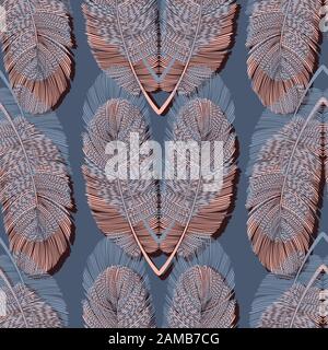 Seamless Overlapping Feather Hearts Baby Blue Pastel Colors Pattern Stock Vector