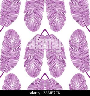 Purple Detailed Feather Hearts Vector Seamless Pattern on White Stock Vector