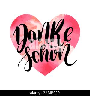Danke schoen. Thank you in german.  hand drawn brush lettering on colorful watercolor heart isolated on white background. Modern handlettering postcar Stock Photo