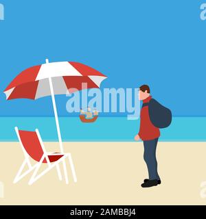 Man came to the beach with a backpack to the sea. Travel flat design, vector illustration Stock Vector