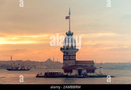 ISTANBUL - DEC 31: Evening in Istanbul, Maiden's Tower or Kiz Kulesi in Night Time in Istanbul on December 31. 2019 in Turkey