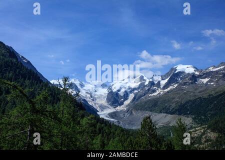 Morterats glacier view from the Bernina Express train. Bernina Pass, Graubunden, Switzerland Stock Photo