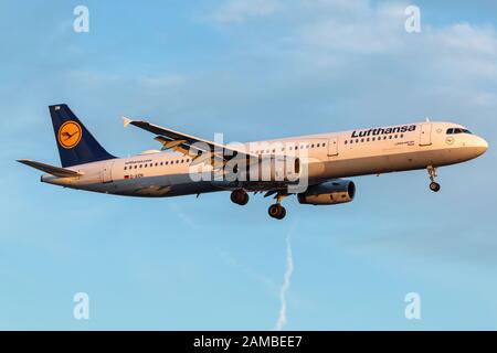 London, United Kingdom - July 31, 2018: Lufthansa Airbus A321 airplane at London Heathrow airport (LHR) in the United Kingdom. Airbus is an aircraft m