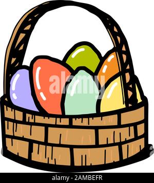 Easter Basket with Consecrated Eggs. Vector doodle illustration isolated on white background. Cartoon cute colored element for design Easter print on Stock Vector