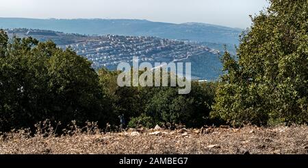 panorama of kibbutz sasa and surrounding forest and fields as seen through the lush green trees on adir mountain in the upper galilee in Israel Stock Photo